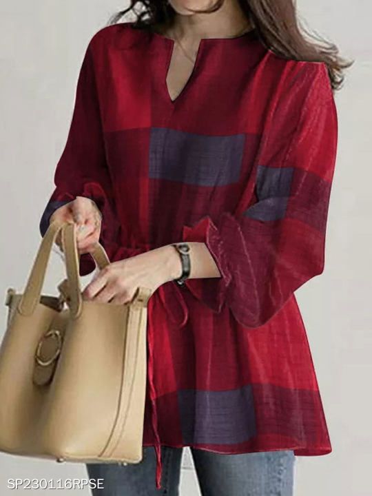 V-neck Casual Loose Plaid Print Long-sleeved Blouse