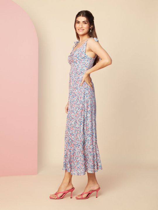 Blue Floral Printed Fit And Flare Midi Dress
