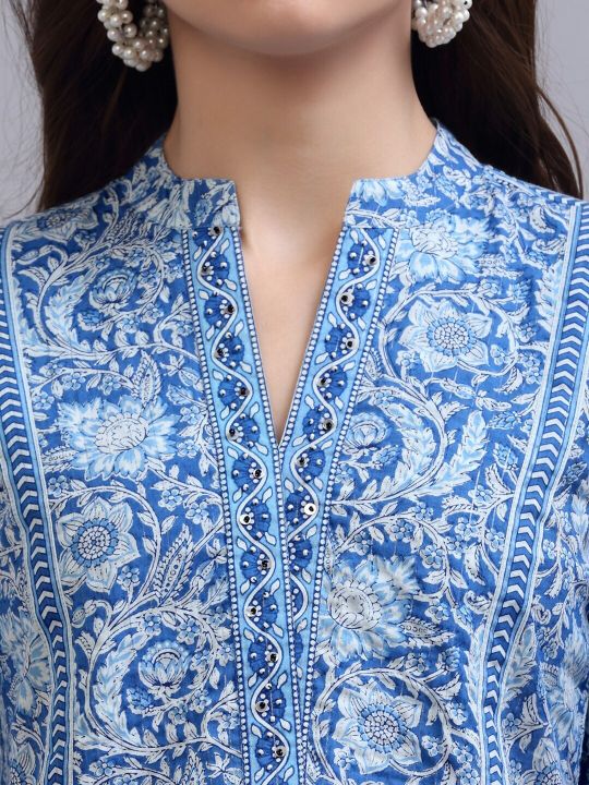 Blue Print Mandarin Collar Empire Pure Cotton Longline Top (QOMN)