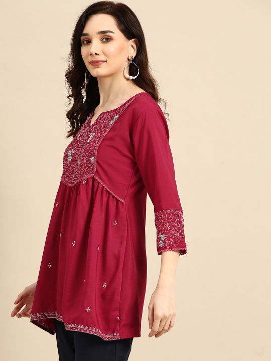 Maroon Embroidered Longline Top (Sangria)