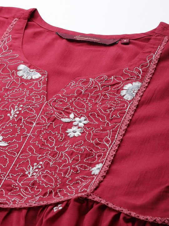 Maroon Embroidered Longline Top (Sangria)