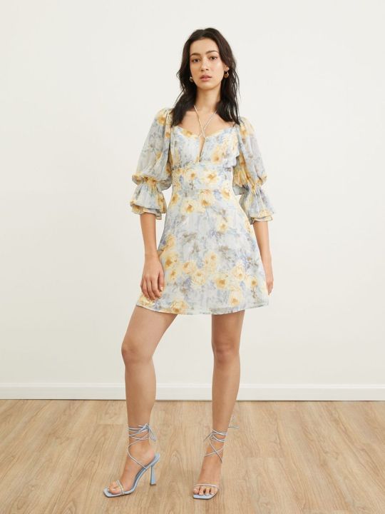 Pomelo Floral Puffed Sleeve Dress - Yellow