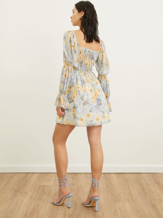 Pomelo Floral Puffed Sleeve Dress - Yellow