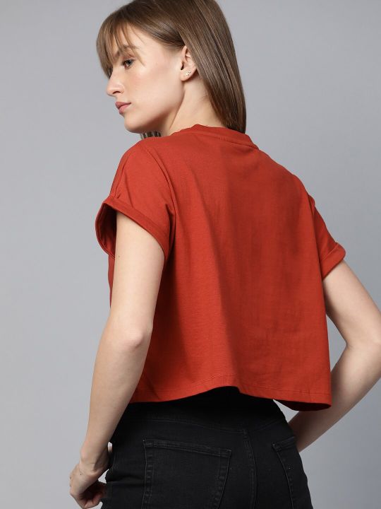 Rust Red Round Neck Boxy Crop Top (Roadster)