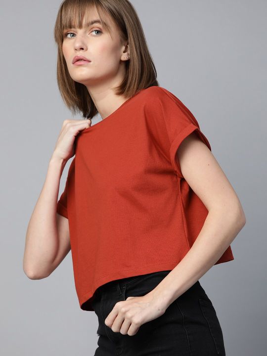 Rust Red Round Neck Boxy Crop Top (Roadster)