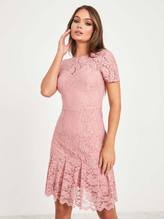Styli Pink Short Sleeves Lace Insert Knee Length Dress