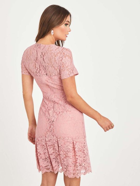 Styli Pink Short Sleeves Lace Insert Knee Length Dress