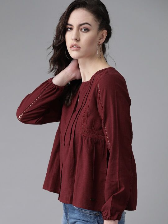 The Lifestyle Co Women Maroon Solid A-Line Top (Roadster)