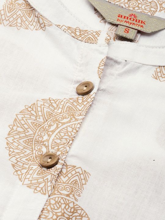 White & Gold-Toned Print Mandarin Collar Pure Cotton Boxy Crop Top (Anouk)