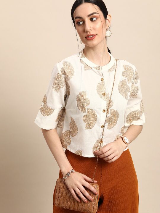 White & Gold-Toned Print Mandarin Collar Pure Cotton Boxy Crop Top (Anouk)