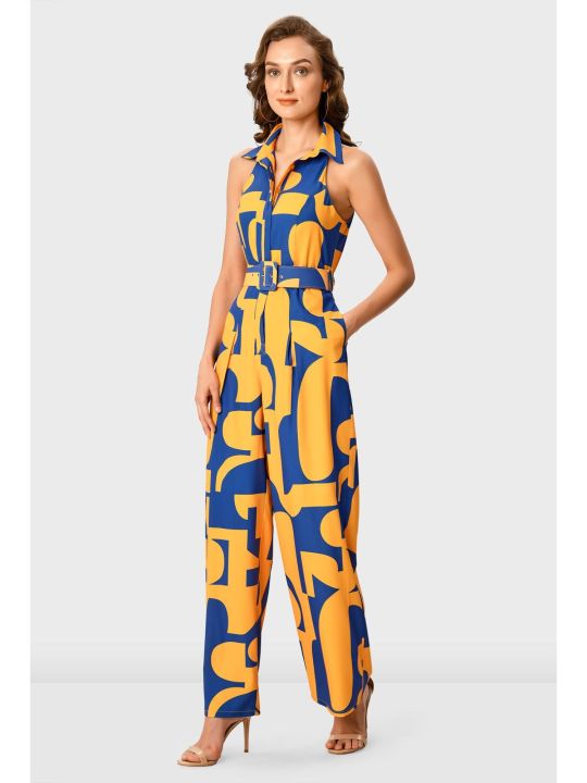 Abstract Print Crepe Belted Palazzo Jumpsuit (Zapelle)