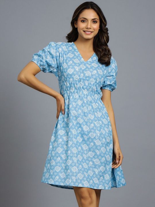 Abstract Printed Pure Cotton A-Line Dress (HANDICRAFT PALACE)