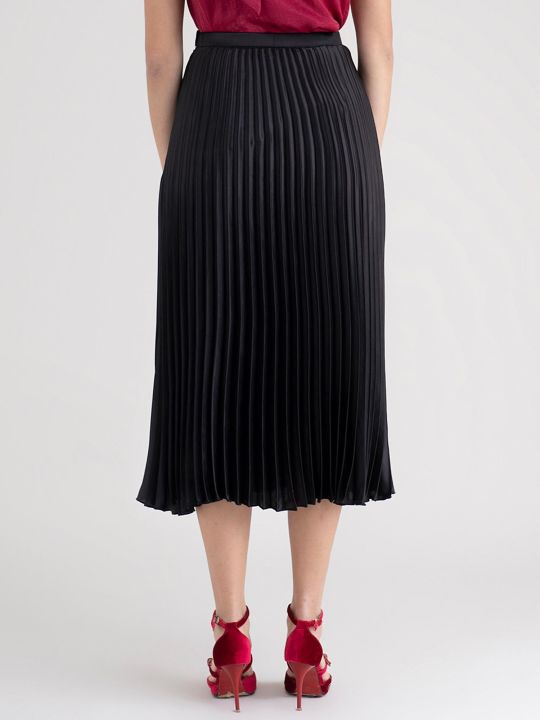 Black Accordion Pleated Satin Skirt (FableStreet)