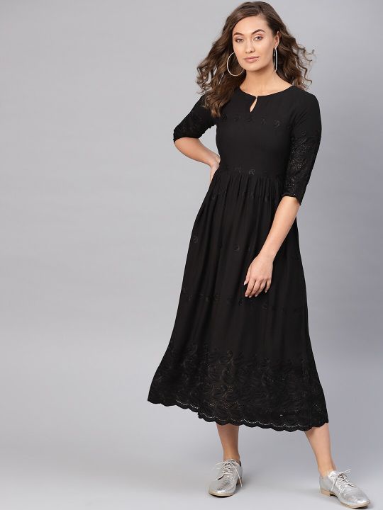 Black Embroidered Ethnic Motifs A-Line Dress (Libas)