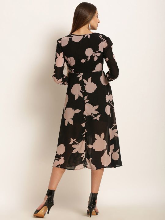 Black Floral Print Fit and Flare Dress (Harpa)