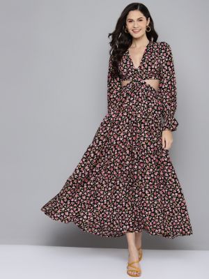 Black & Pink Floral Waist Cut-Out Maxi Dress (SASSAFRAS)