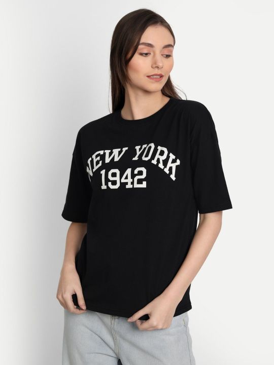 Black Printed Oversized Short Sleeve T-Shirt (IKI CHIC)