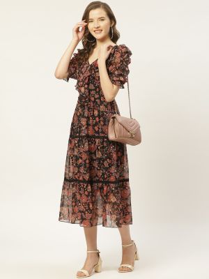 Black & Rust Orange Floral Print Tiered Midi Fit & Flare Dress with Ruffles (Antheaa)