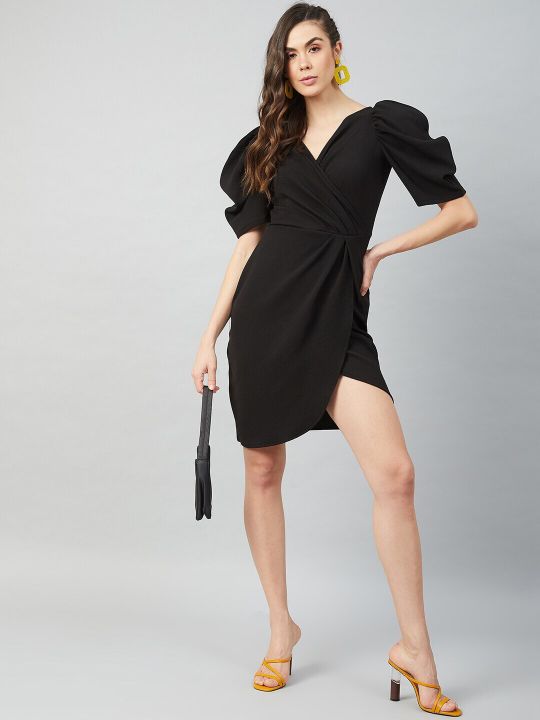 Black Tulip Wrap Dress With Volume Sleeves (Athena)