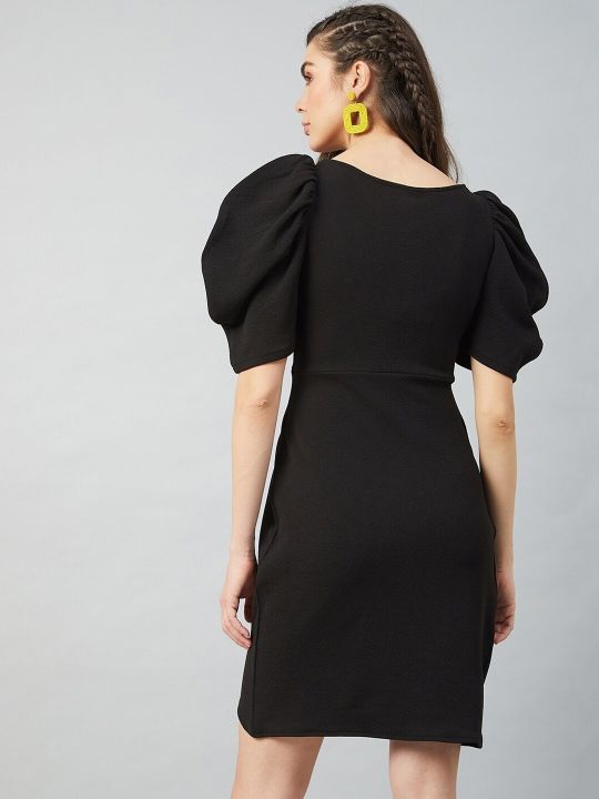 Black Tulip Wrap Dress With Volume Sleeves (Athena)