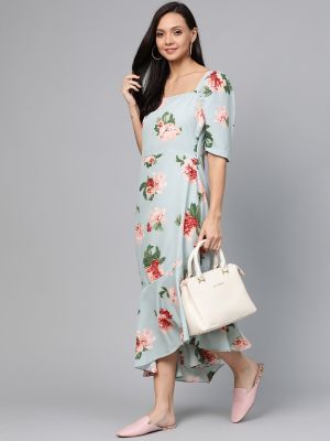 Blue & Pink Floral Print A-Line Dress (plusS)