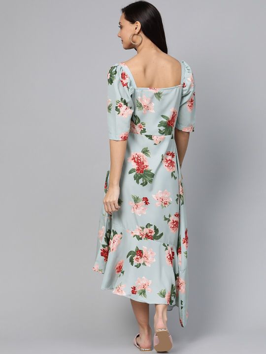 Blue & Pink Floral Print A-Line Dress (plusS)