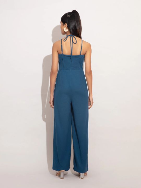Blue Solid Wide Leg Strappy Jumpsuit (Twenty Dresses)