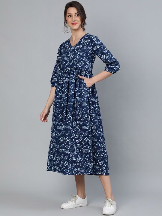 Blue Tropical Fit and Flare Cotton Dress (Nayo)