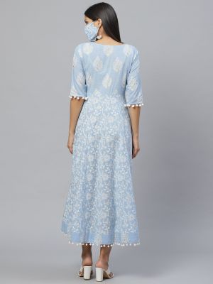 Blue & White Ethnic Motifs Printed Cotton Maxi Dress (Libas)