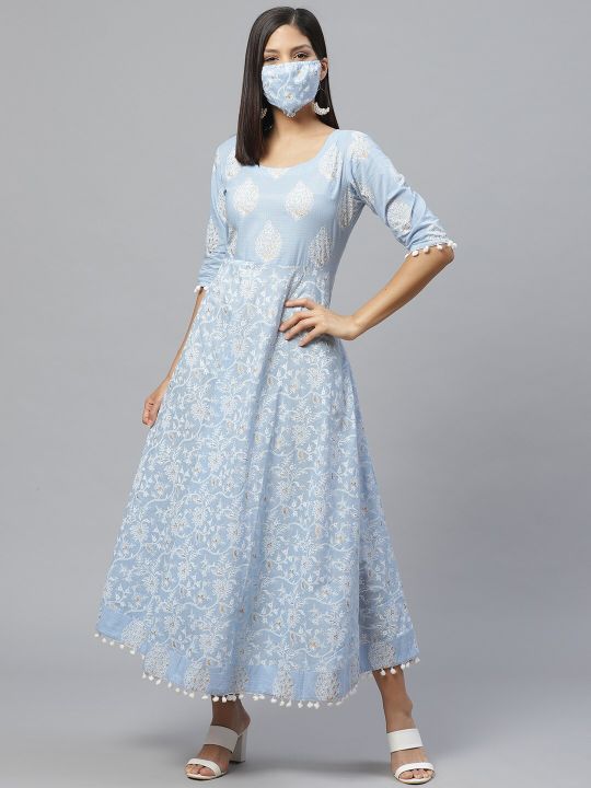 Blue & White Ethnic Motifs Printed Cotton Maxi Dress (Libas)
