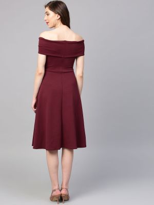 Burgundy Off-Shoulder Pleated Fit & Flare Dress (Athena)