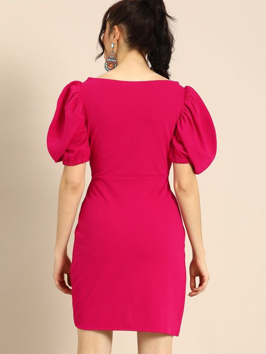 Charming Fuchsia Pink Power Shoulders Tulip Hem Wrap Dress (Athena)