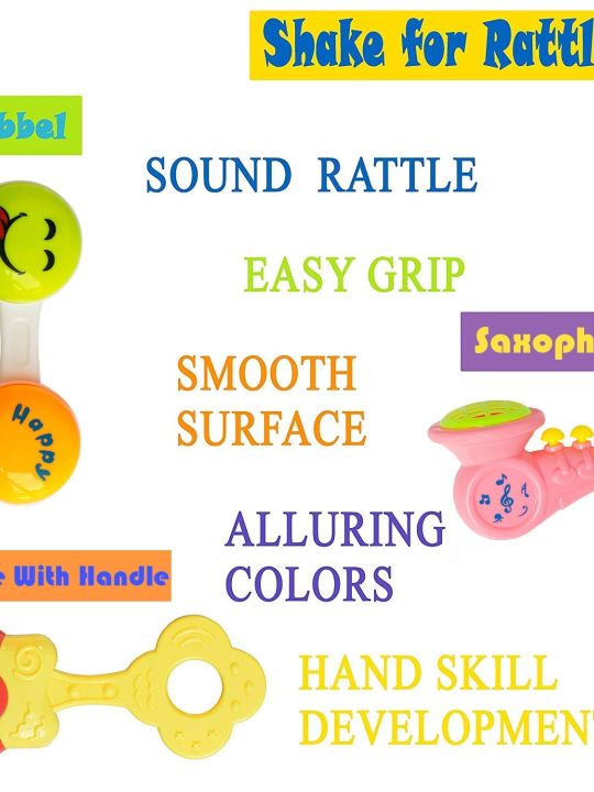Colorful Attractive Plastic Non Toxic Set of 7 Shake & Grab Rattle and 1 Soothing Teether (WISHKEY)