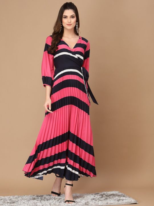 Coral & Navy Blue Striped Crepe Maxi Dress (KASSUALLY)