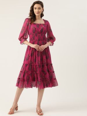 Fuchsia Paisley Print Smocked Chiffon Midi Fit & Flare Dress (Antheaa)