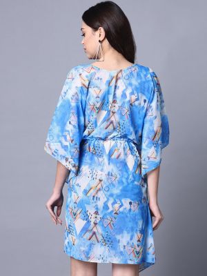 Geometric Printed Georgette V-Neck Kimono Sleeves Kaftan Dress (Rajoria Instyle)