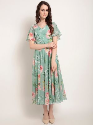 Green Floral Printed Fit and Flare Dress (RARE)