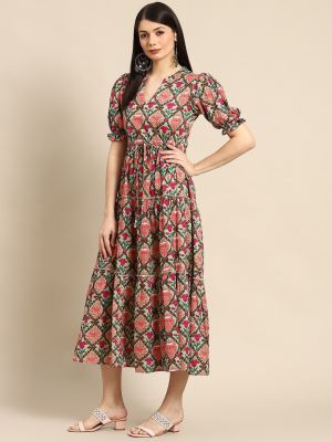 Green & Pink Ethnic Motifs Printed Tiered Pure Cotton A-Line Midi Dress (anayna)