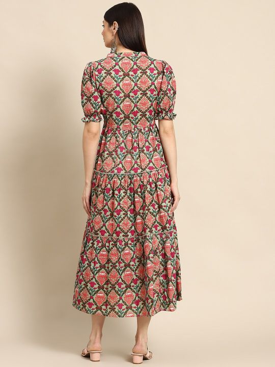 Green & Pink Ethnic Motifs Printed Tiered Pure Cotton A-Line Midi Dress (anayna)