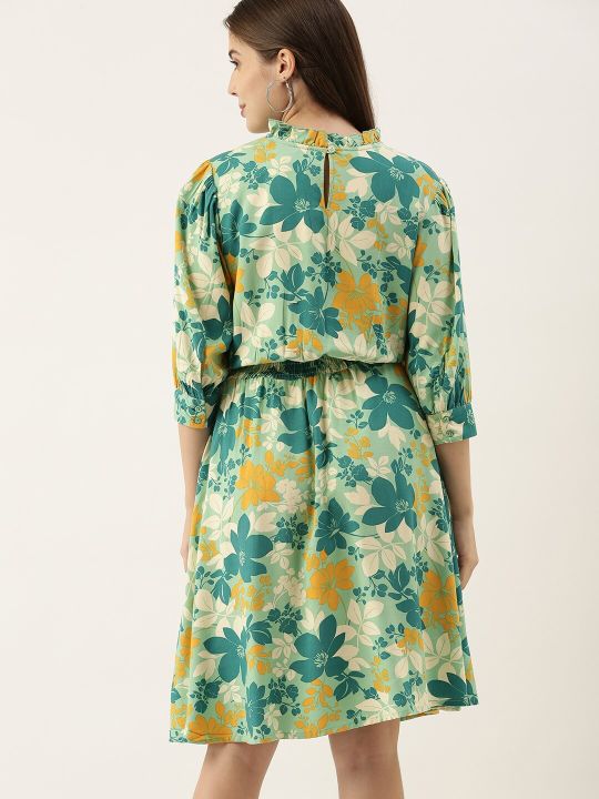 Green & Yellow Floral Printed A-Line Dress (all about you)