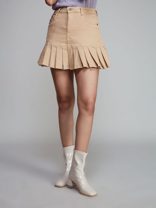 Khaki a Line Box Pleat Short Denim Skirt (Twenty Dresses)