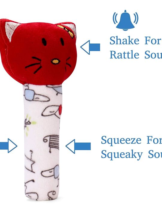 Kitty Face Rattle Cum Soft Toy, Squeeze Handle for Squeaky Sound (Pikipo)
