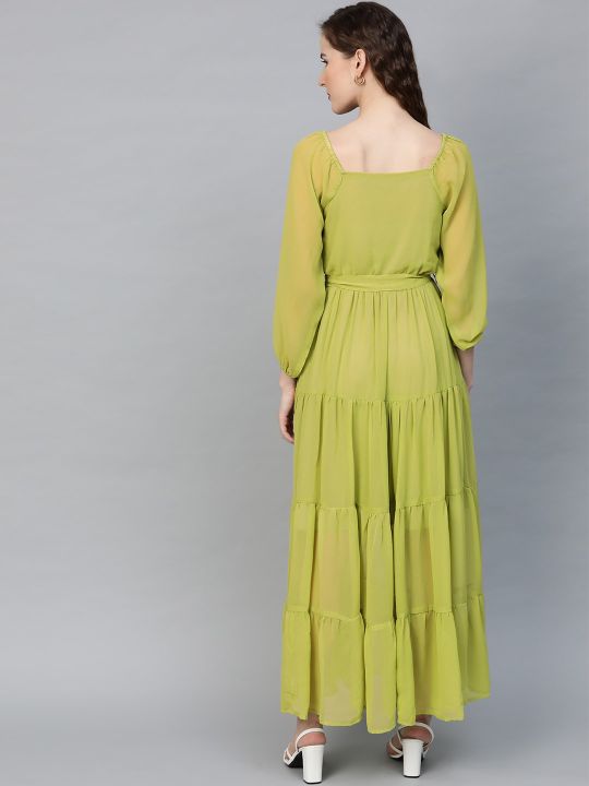 Lime Green Tiered Pleated Maxi Dress (SASSAFRAS)