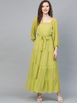 Lime Green Tiered Pleated Maxi Dress (SASSAFRAS)