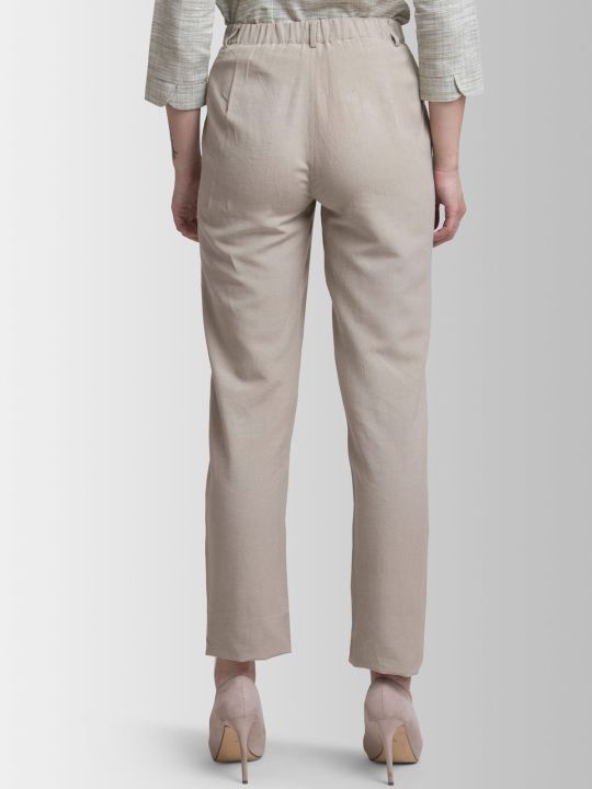 Linen Elasticated Straight Fit Pants - Beige (FableStreet)