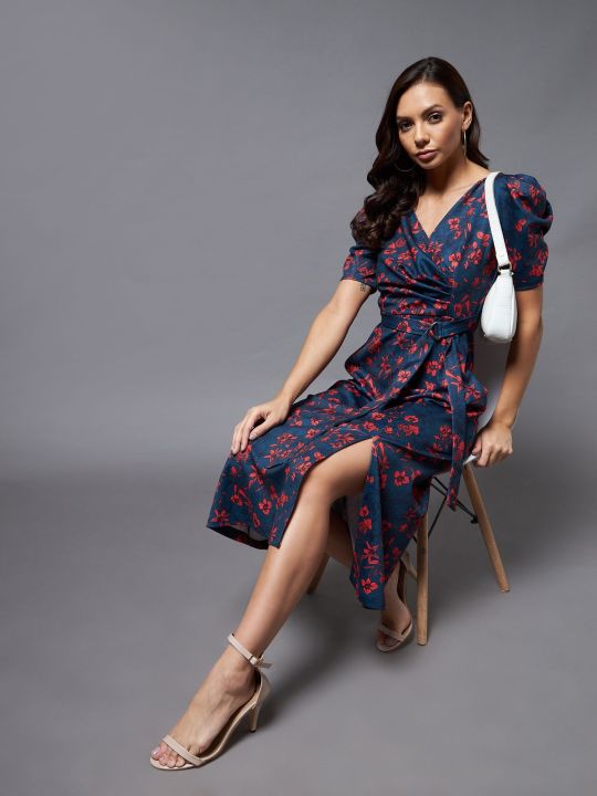 Multicolored- Base- Teal V-neck Puff Sleeve Floral Wrap Midi Dress (Miss Chase)