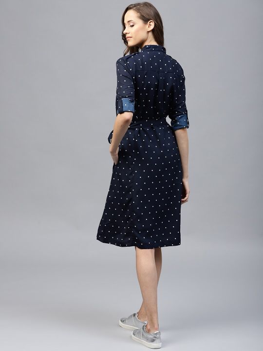 Navy Blue Polka Dots Printed Shirt Dress (Tokyo Talkies)