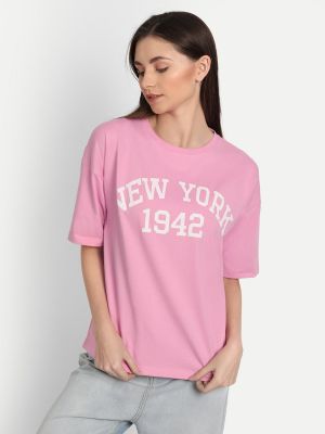 Pink Printed Oversized Short Sleeve T-Shirt (IKI CHIC)