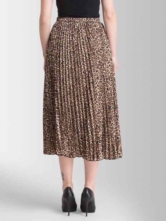 Pleated Flared Animal Print Midi Skirt - Brown (FableStreet)