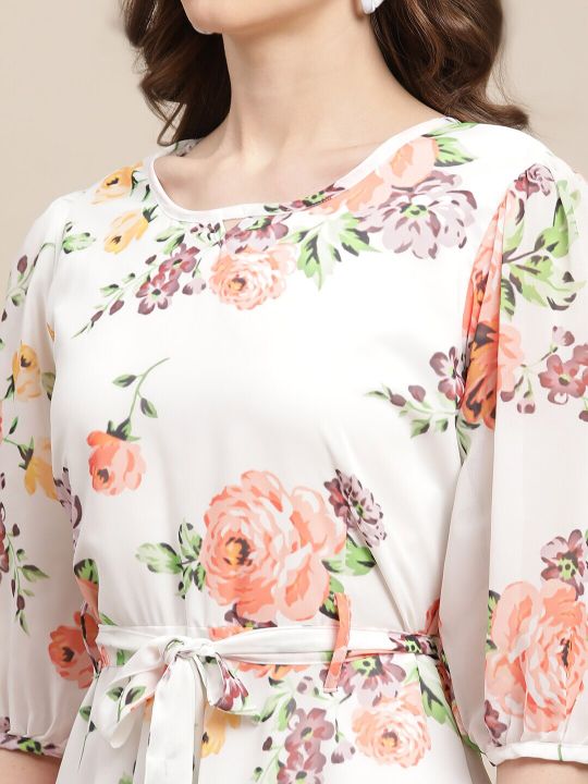 Printed Floral Keyhole Neck Midi Dress (Fabflee)